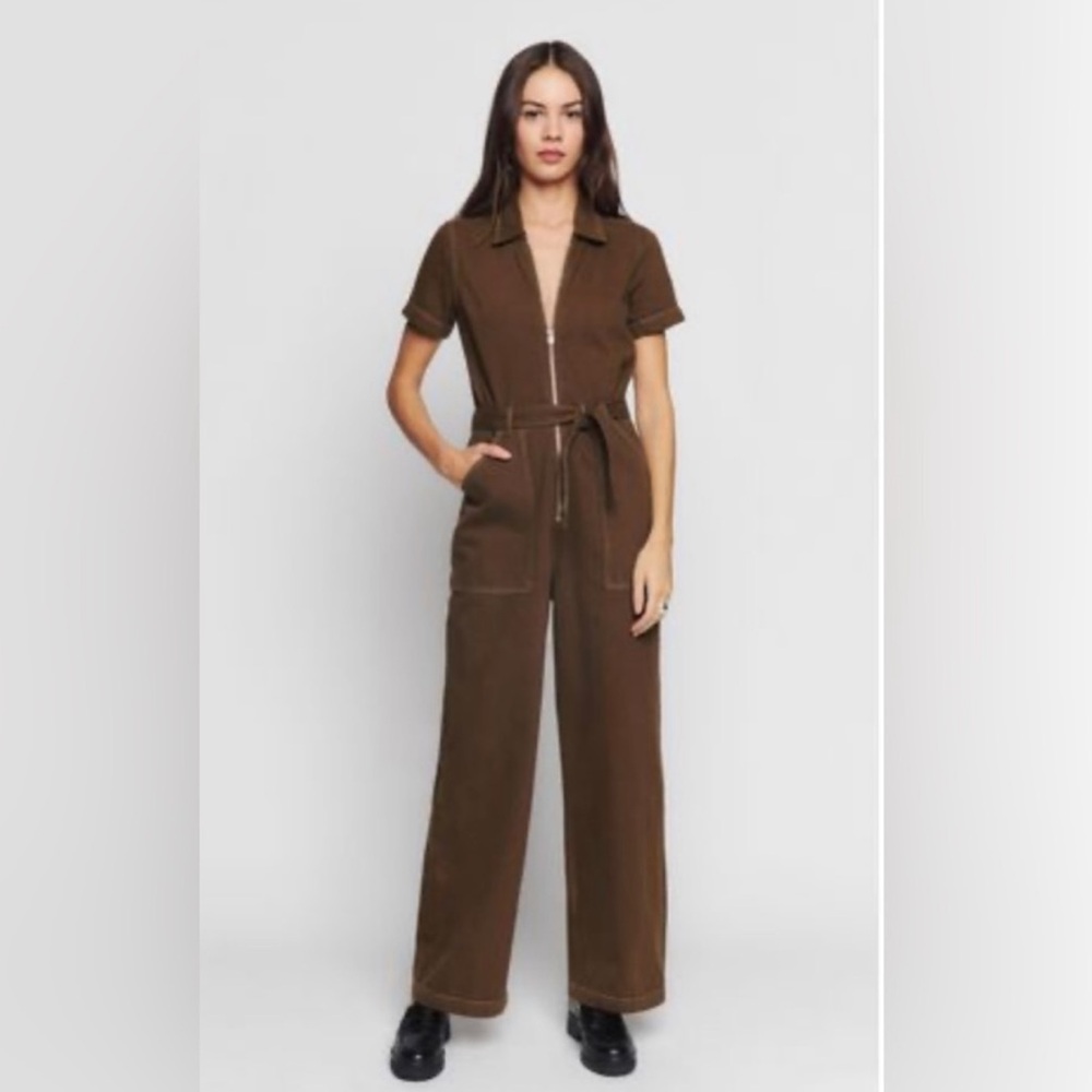 Reformation Cassidy Brown Denim Jumpsuit